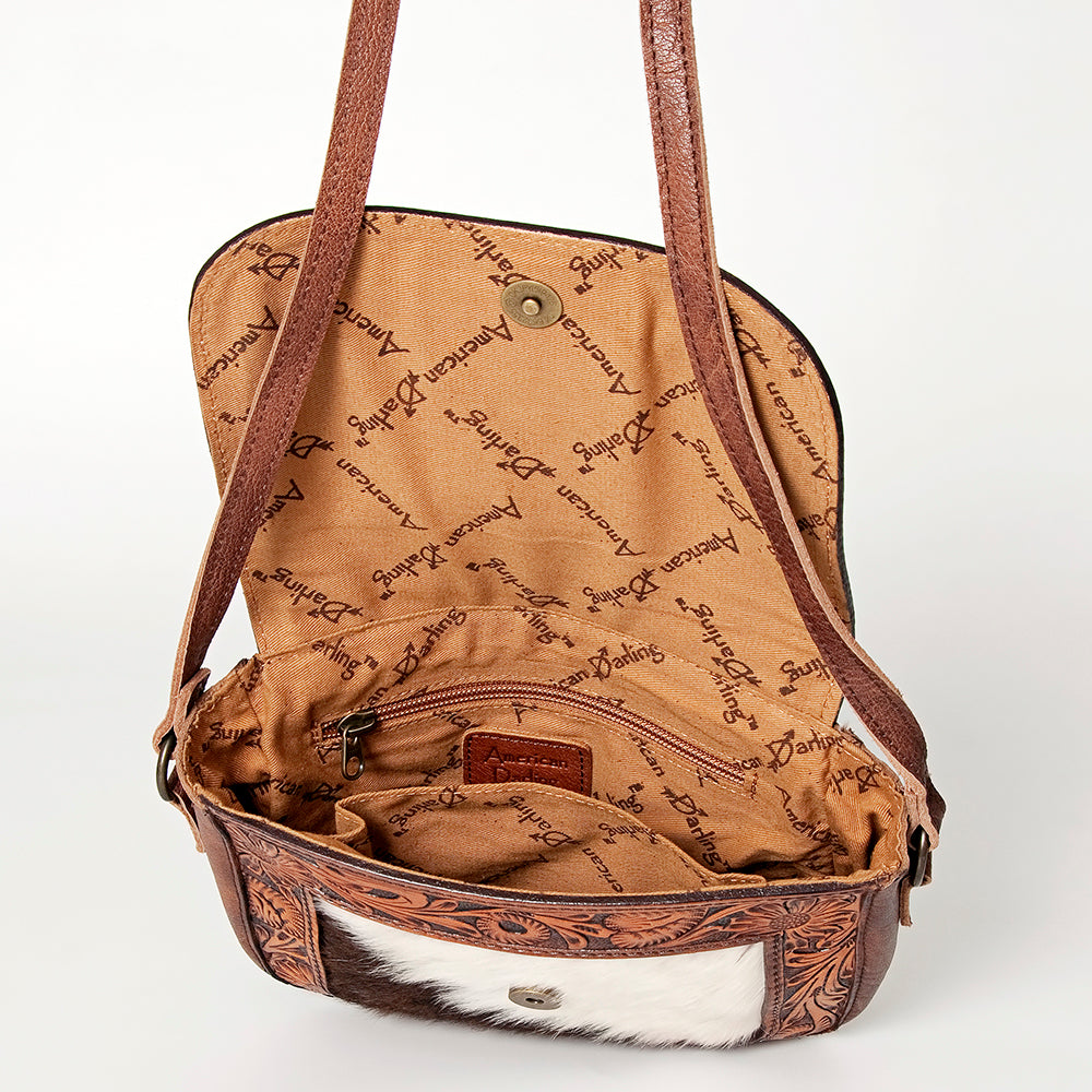 ADBG824 American Darling Hand Tooled Leather Cross body Bag with Hair-On Cowhide and Turquoise Concho