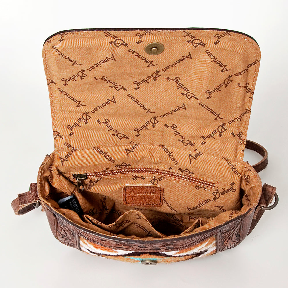 ADBG824 American Darling Western Leather Cross body Bag Hand Tooled Floral with Woven Saddle Blanket