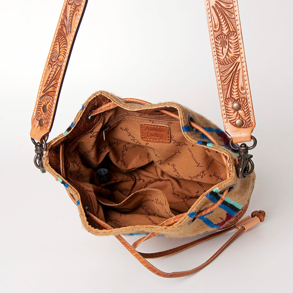 ADBG569 American Darling Hand Tooled Floral Leather & Woven Saddle Blanket Western Bucket Bag