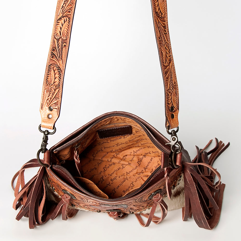 LC-ADBGZ596 Hand-Tooled Leather Crossbody Bag with Horse Design, Fringe & Cowhide - Western Purse