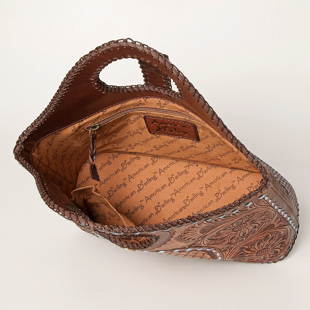LC-ADBGZ597 Hand-Tooled Leather Tote with Floral & Basketweave Design - Western Round Handle Bag