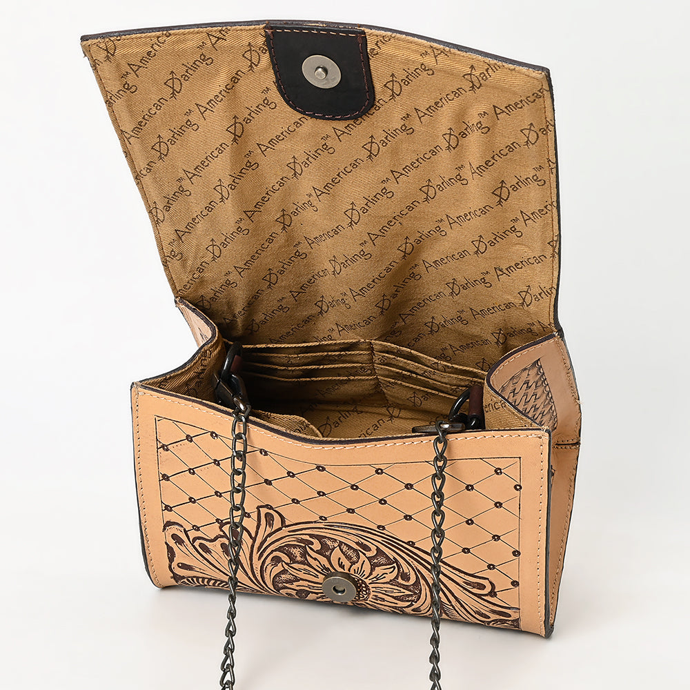 ADBGZ601 Hand Tooled Leather Crossbody Bag with Floral Design & Chain Strap - Western Evening Purse