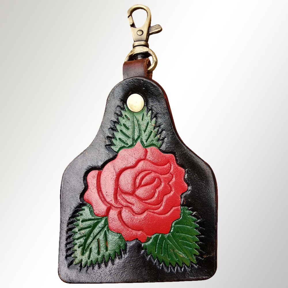 LC-ADKRX101 Hand-Tooled Leather Keyring Red Rose Floral Western Design
