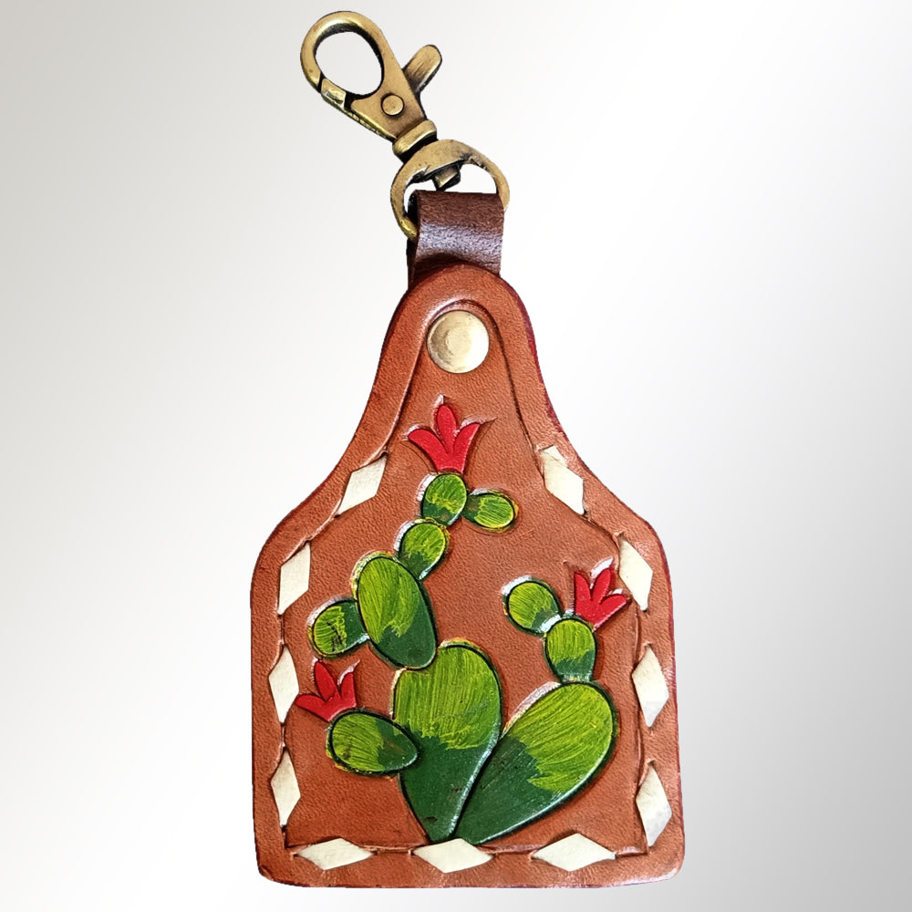 ADKRX111 Hand-Tooled Leather Keyring with Cactus & Red Blossom Design Western Charm