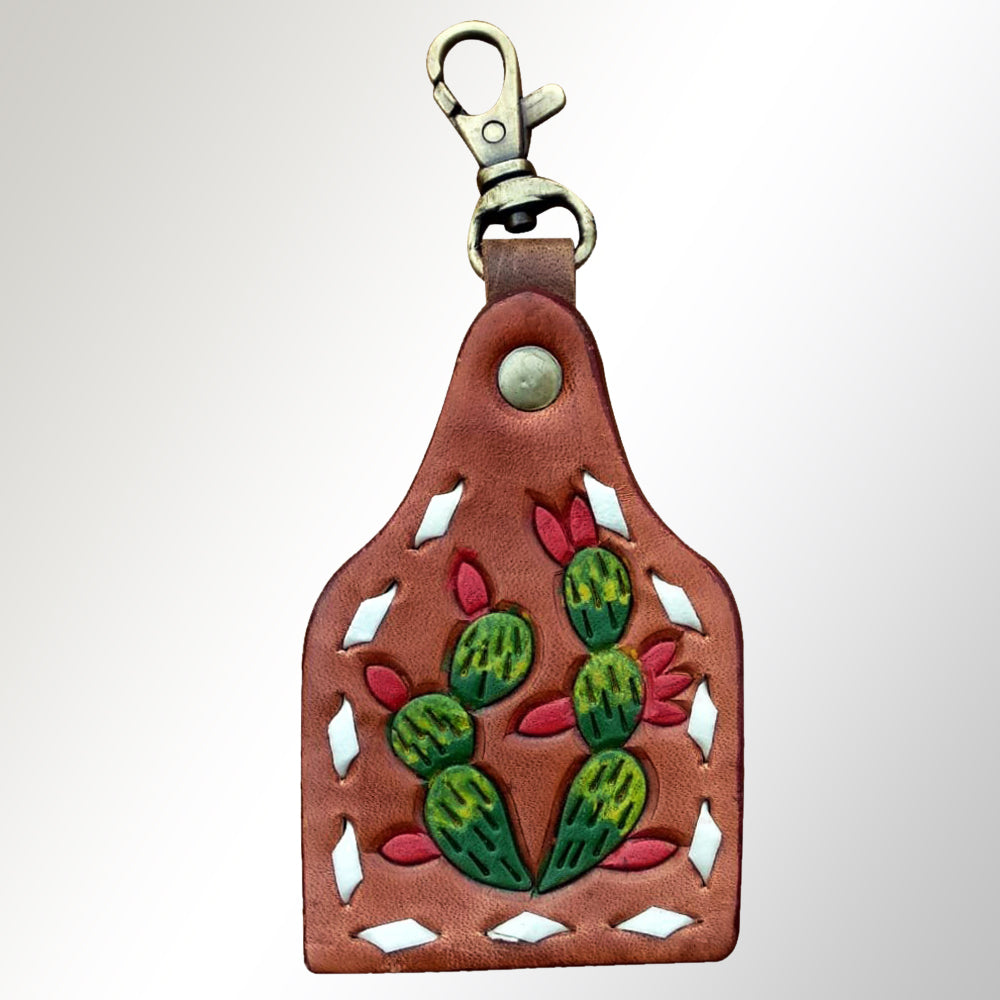 ADKRX112 Hand-Tooled Leather Keyring Blooming Cactus with Red Flowers & White Diamond Border