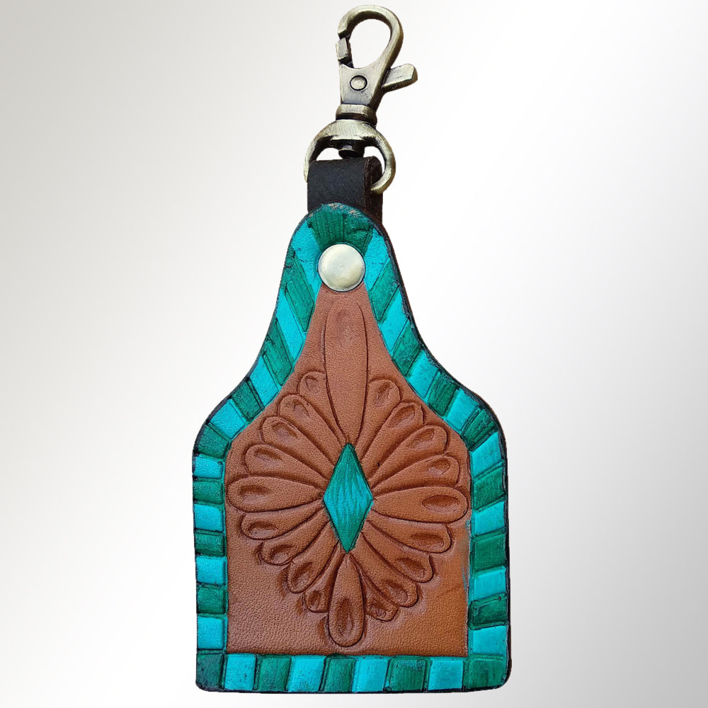 ADKRX113 Hand-Tooled Leather Keyring Turquoise Border with Tooled Floral Diamond Design