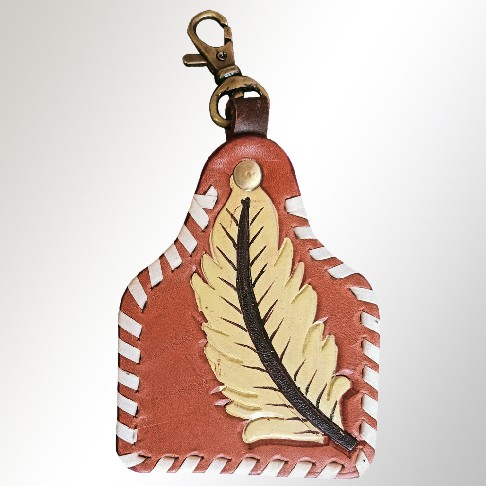 LC-ADKRX118 Hand-Tooled Leather Keyring Golden Feather with White Laced Border