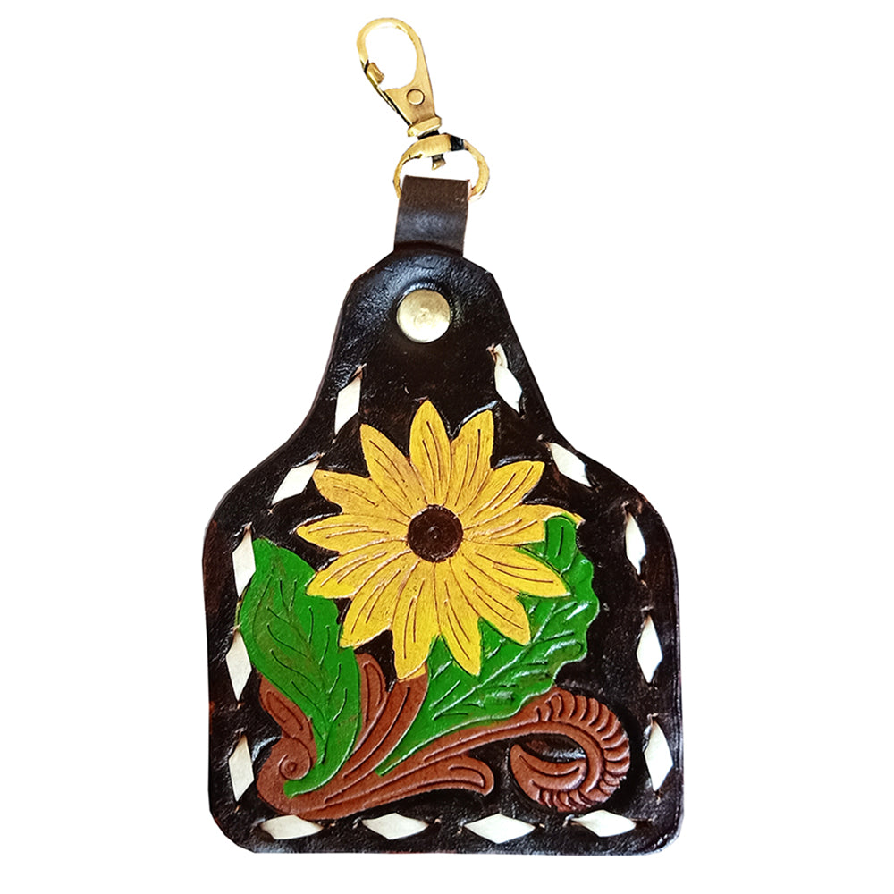 LC-ADKRX122 Hand-Tooled Leather Keyring Yellow Sunflower with Leaf Detail on Black Leather
