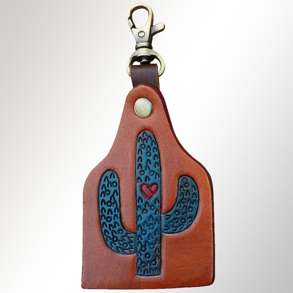 LC-ADKRX124 Hand-Tooled Leather Keyring Blue Cactus with Heart Accent on Tan Leather