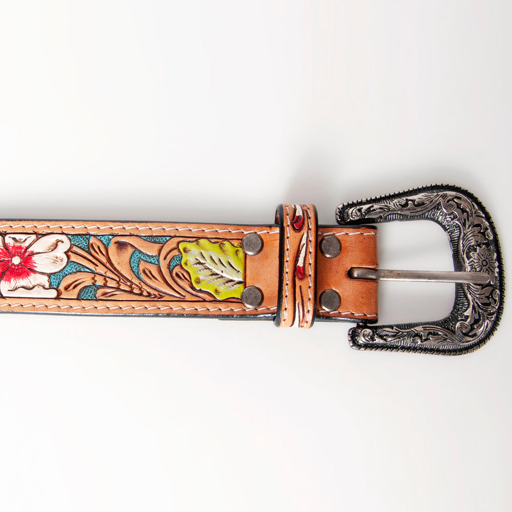 LC-ADBLF144 Southwestern Beaded Leather Belt - Turquoise Thunderbird & Floral Tooled Design