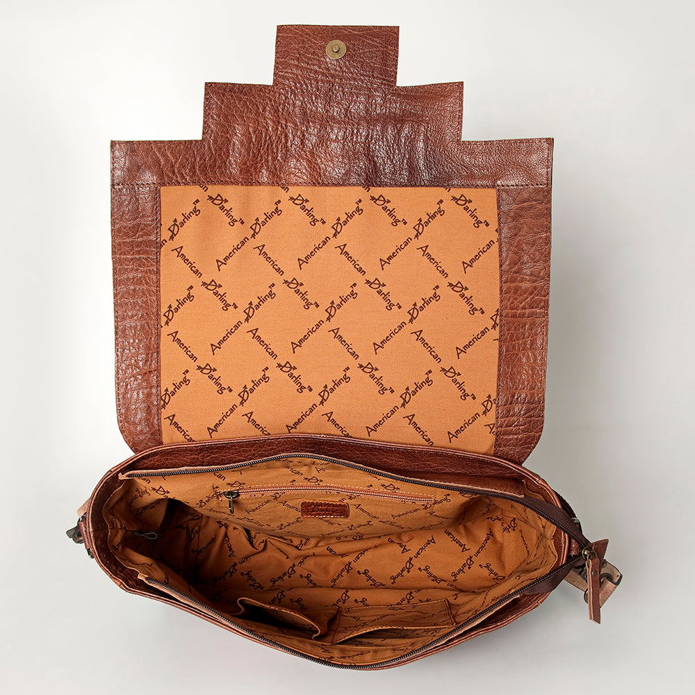 LC-ADBG842 Hand-Tooled Leather & Hair-On Cowhide Messenger Bag with Turquoise Concho