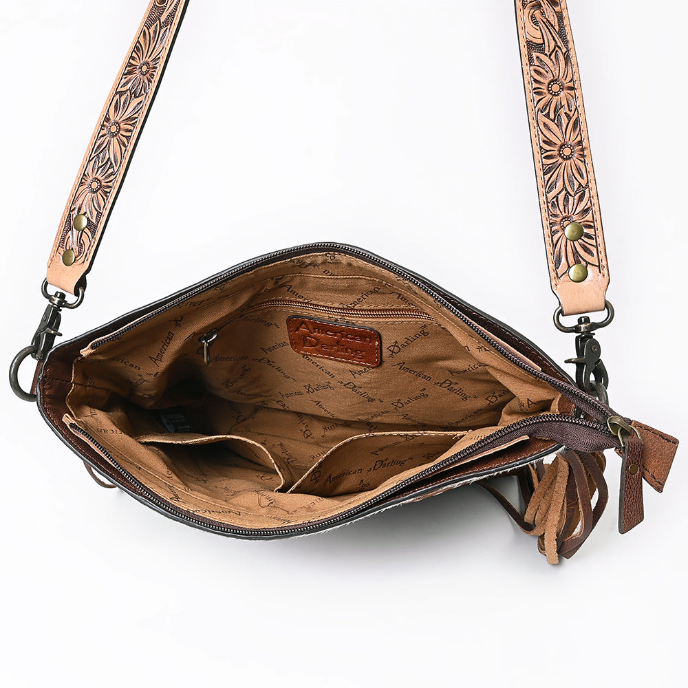 ADBG854 American Darling Hand Tooled Floral Leather & Hair-On Cowhide Small Cross body Bag with Fringes