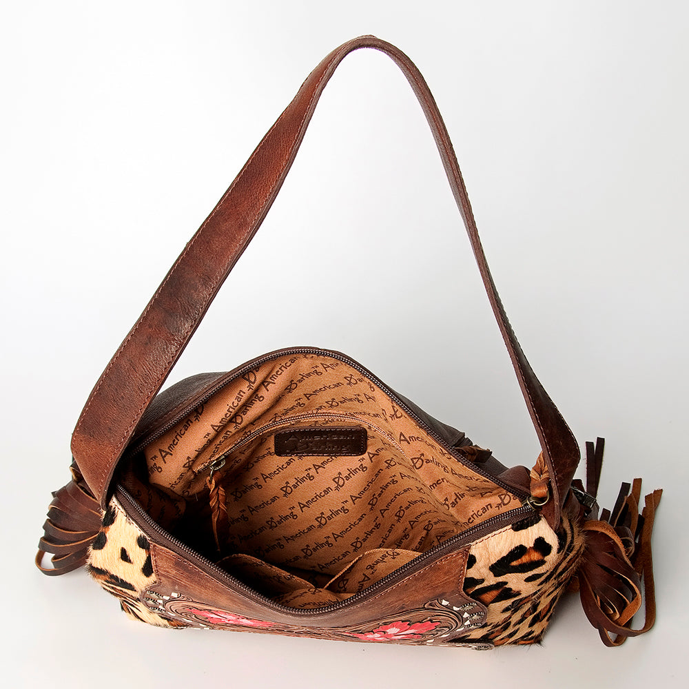 LC-ADBGZ621 Leopard Print Cowhide Small Crossbody Bag with Tooled Leather & Pink Floral Inlay