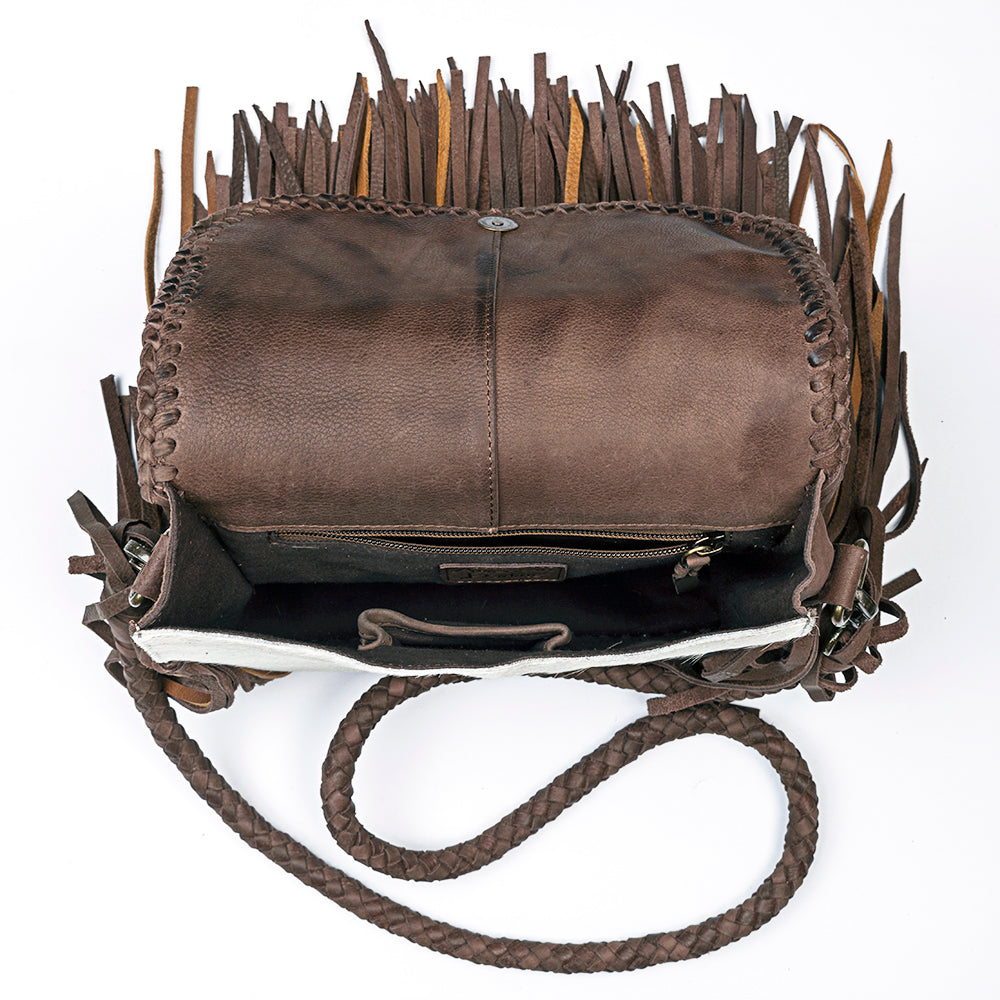 ADBGM250 Hair-On Cowhide Leather Crossbody Bag - Turquoise Concho & Fringe Western Purse