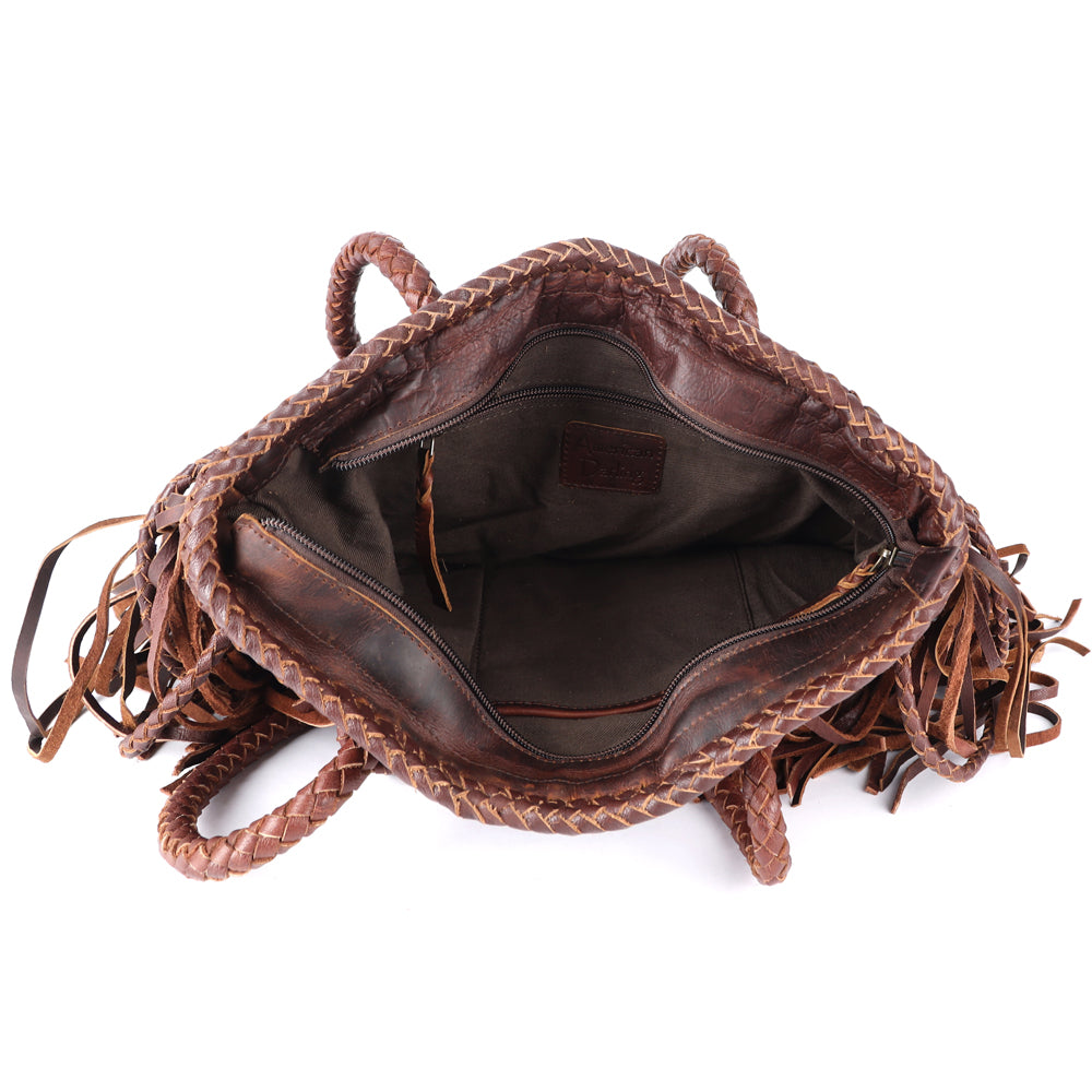 ADBGM251 Woven Leather Fringe Tote Bag - Western Braided Handle Shoulder Purse