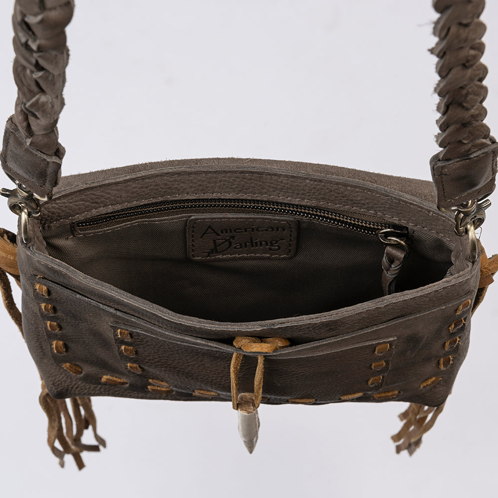 ADBGM255 Leather Western Crossbody Bag - Fringe Purse with Horn Toggle & Braided Strap