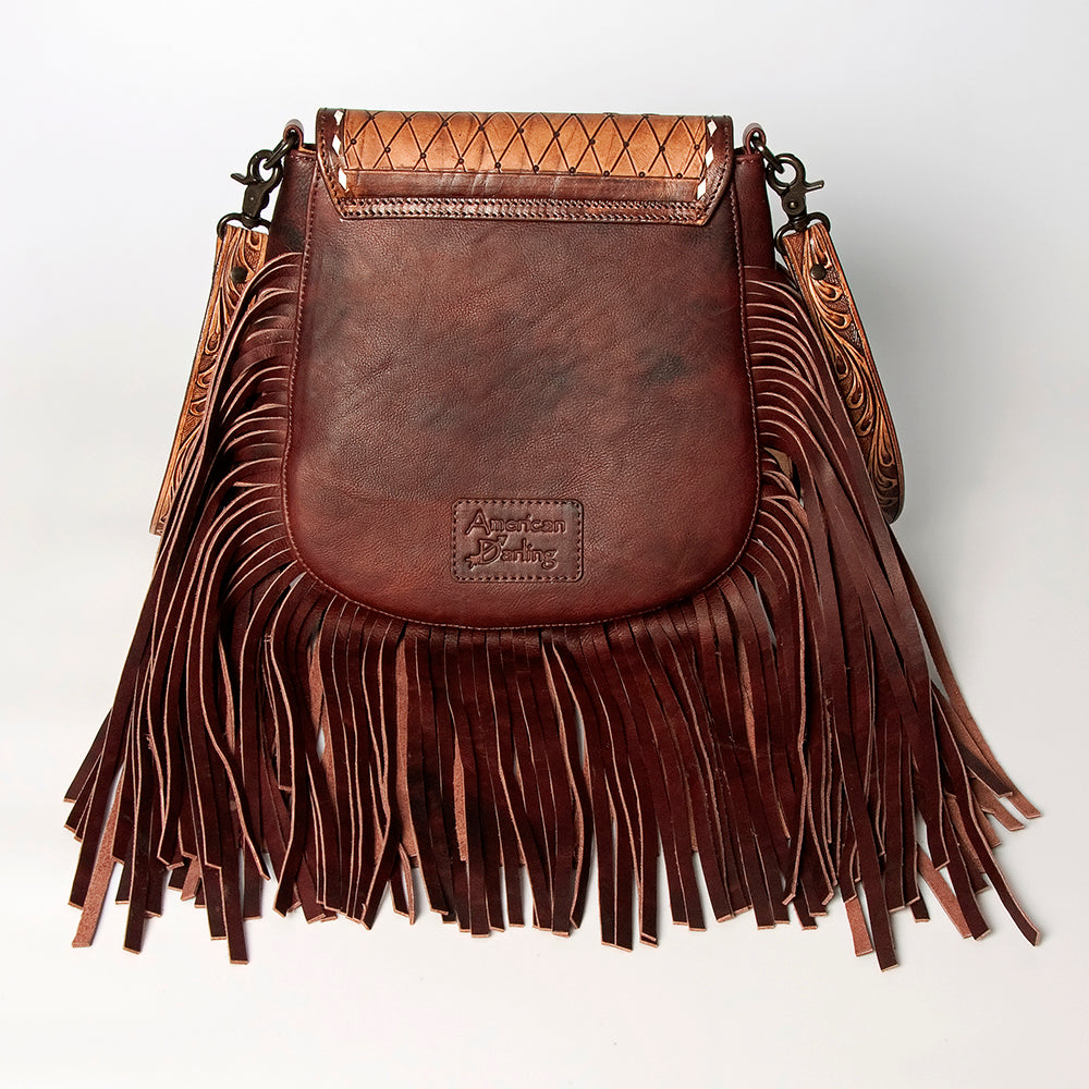 LC-ADBGZ479 Green Leather Western Fringe Messenger Bag - Hand-Tooled Floral Flap with Turquoise Accent