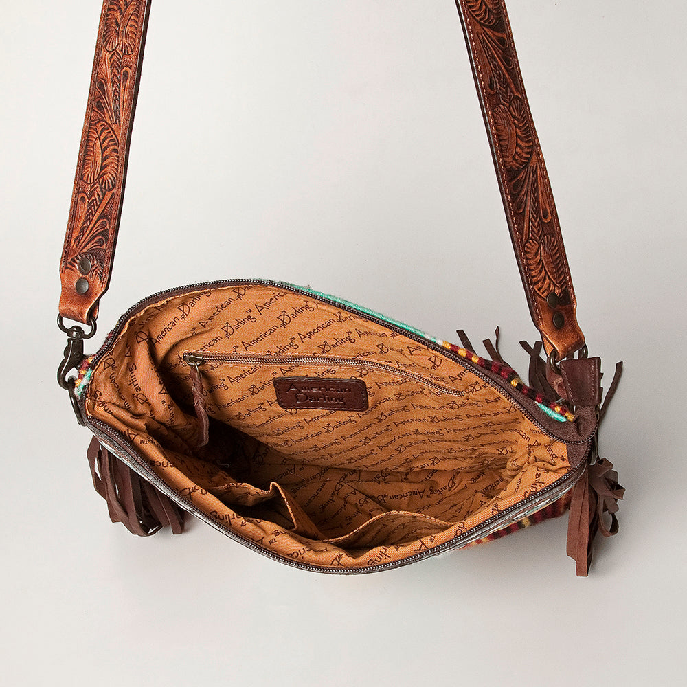 LC-ADBGZ236 Sunflower Tooled Leather & Turquoise Wool Western Fringe Crossbody Bag