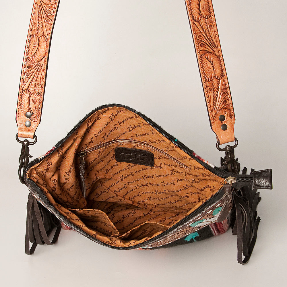 LC-ADBGZ251B Tooled Leather Fringe Crossbody Bag with Black & Turquoise Serape Wool