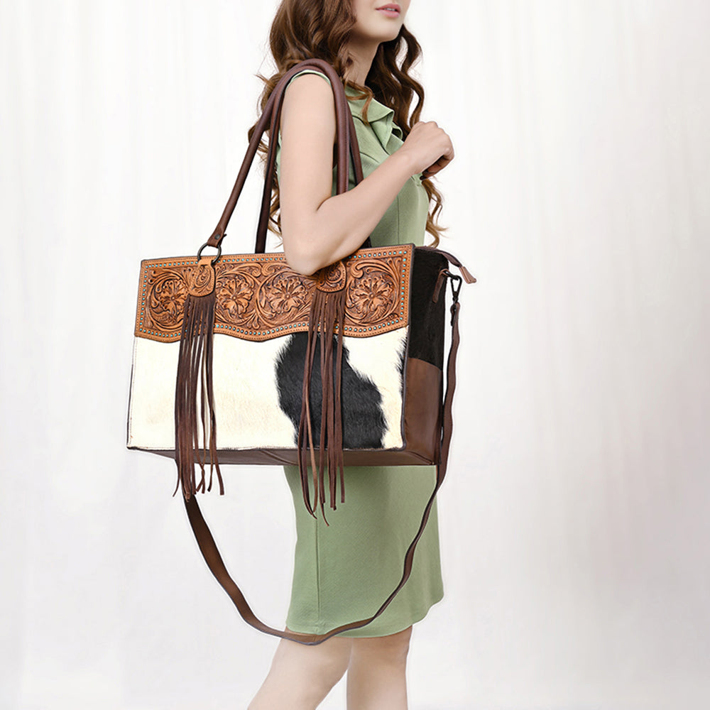 ADBGZ200 Tooled Leather & Cowhide Tote Bag with Fringe - Western Handbag with Shoulder Strap