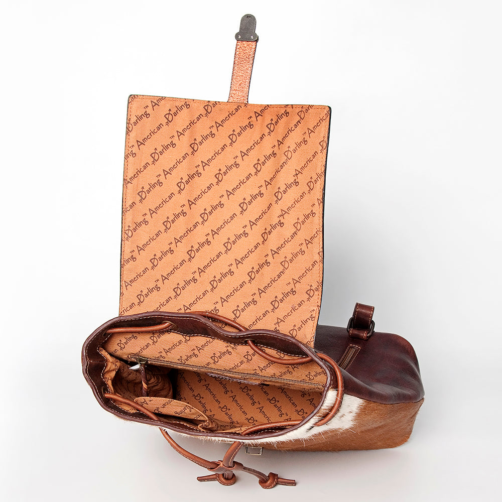 LC-ADBGZ101C Cowhide Backpack with Hand-Painted Cactus Tooled Leather Flap - Western Desert Style