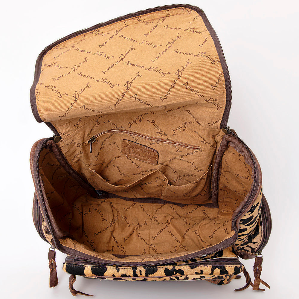 ADBG860 American Darling Hand Tooled Floral Leather & Hair-On Cowhide Backpack with Turquoise Concho