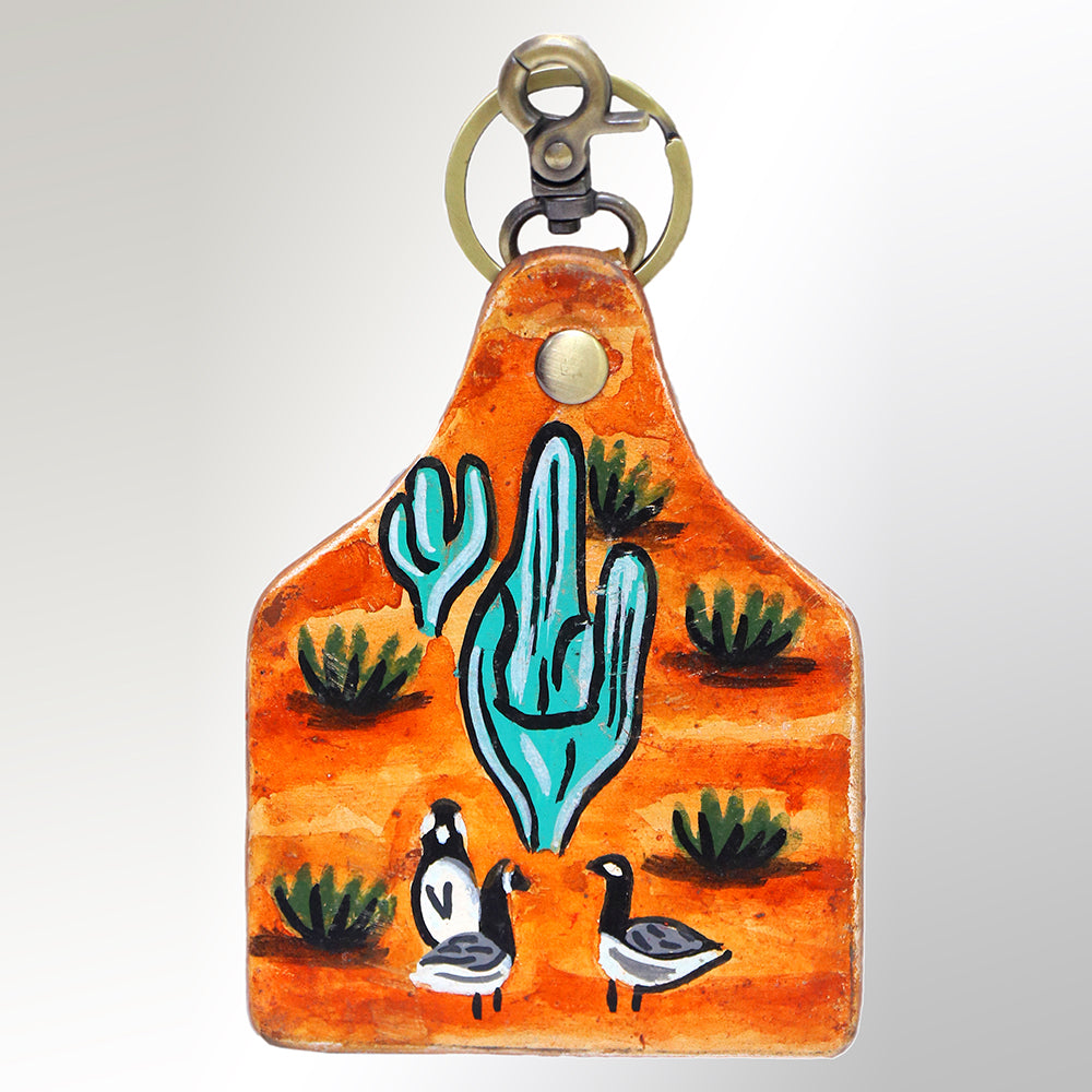 LC-ADKRM104 Hand-Painted Leather Keyring Desert Scene with Cactus and Quails
