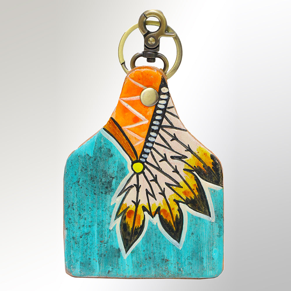 LC-ADKRM105 Hand-Painted Leather Keyring Native Feather Design in Turquoise & Orange