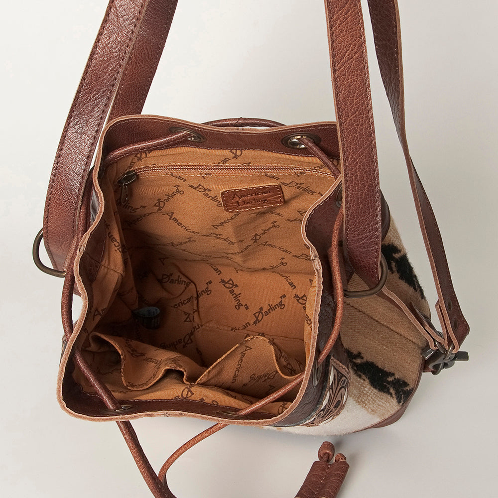 LC-ADBG862 Hand-Tooled Western Leather Bucket Bag with Wool Blanket Weave American Darling Drawstring Purse