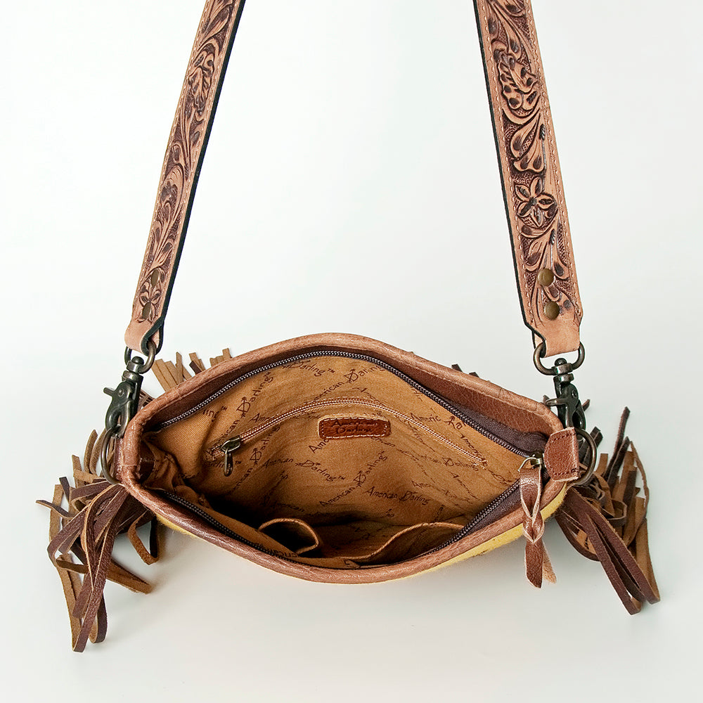 ADBGS192 Wool Large Crossbody Bag with Tooled Leather Strap and Fringe - Western Boho Purse