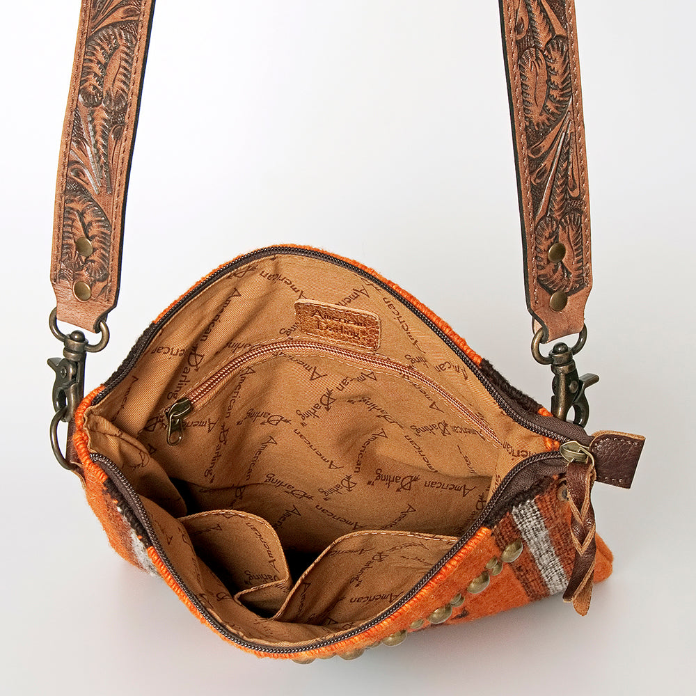 ADBG865 Orange Southwestern Saddle Blanket Crossbody Bag with Tooled Leather Strap & Stud Accents