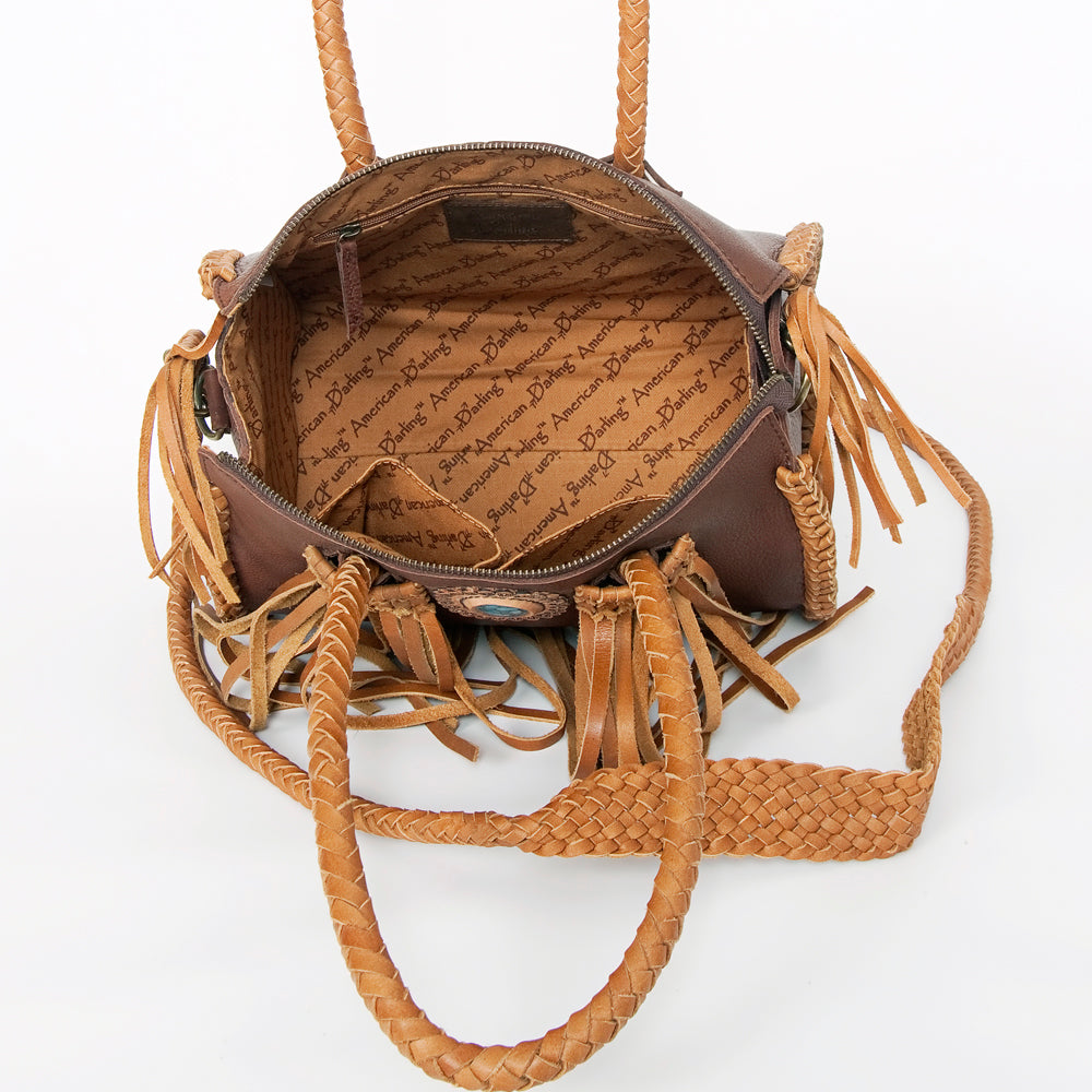 ADBGD131 American Darling Handcrafted Leather Speedy Bag with Turquoise Stone & Fringes