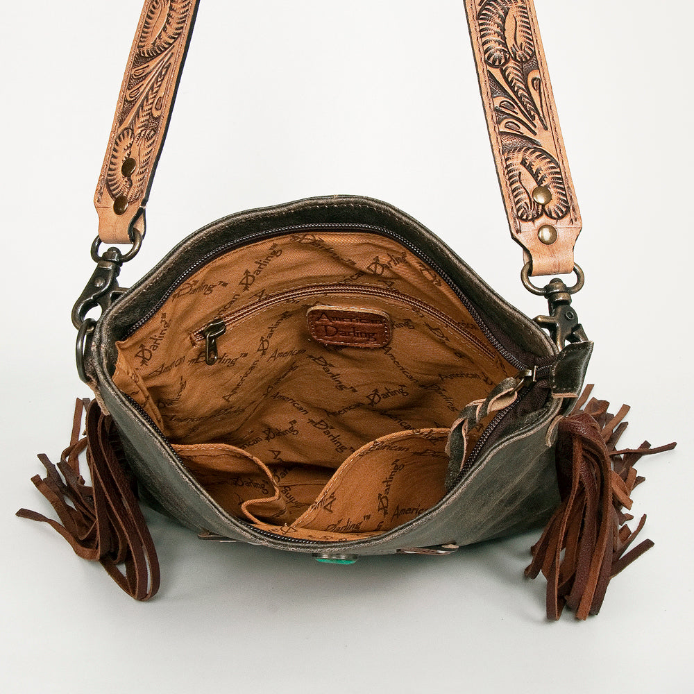 ADBGS192 Cowhide Large Crossbody Bag with Tooled Patch, Fringe & Floral Strap - Western Hand Purse