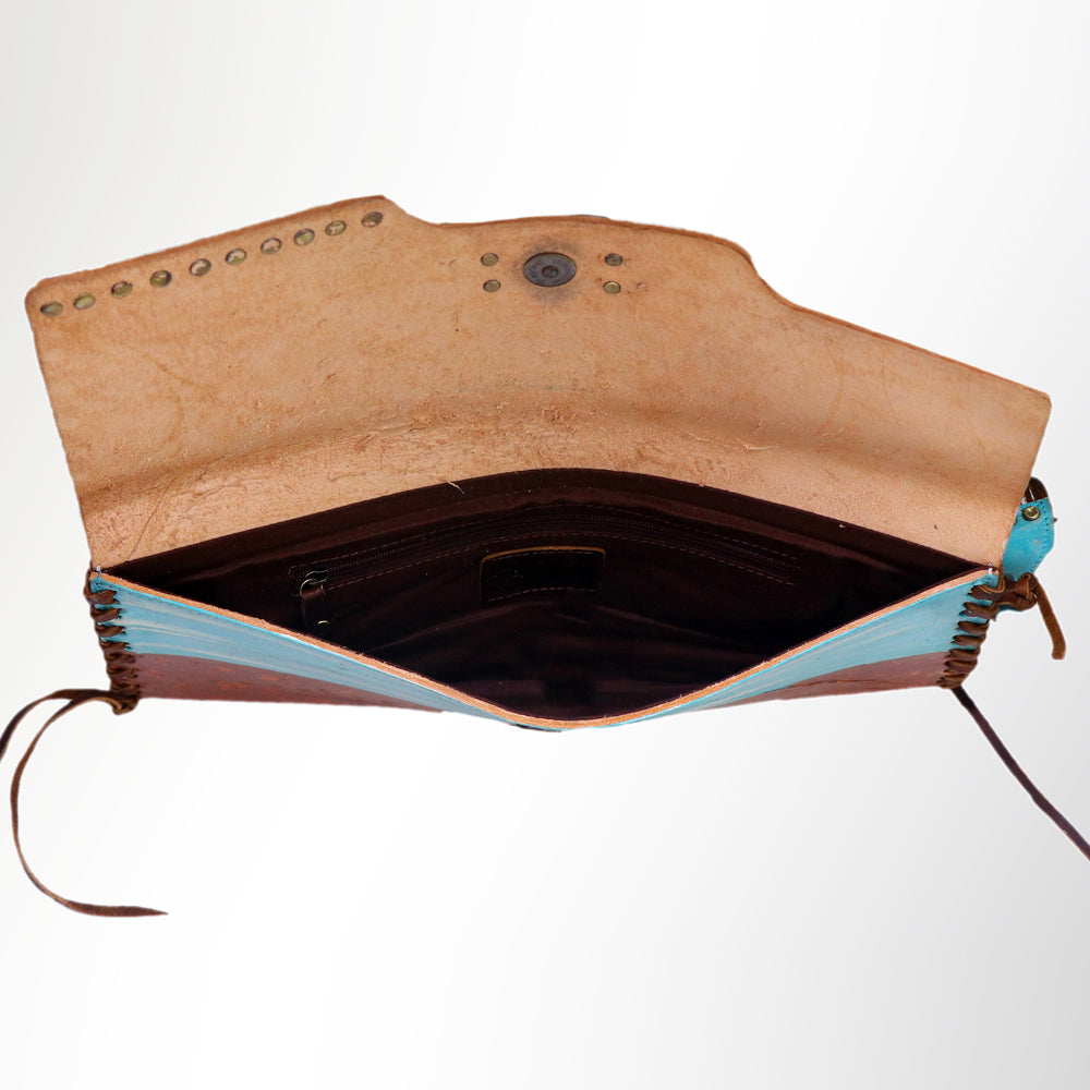 ADBGM136 Cowgirl Hand-Painted Leather Clutch - Western Art with Fringe and Stud Detail