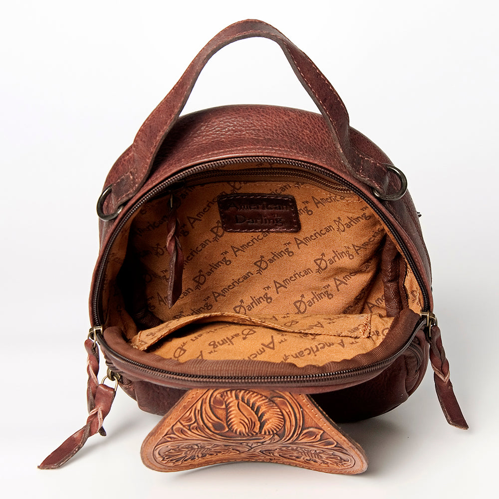LC-ADBGZ611A Mini Tooled Leather Backpack - Western Floral Carved Brown Daypack