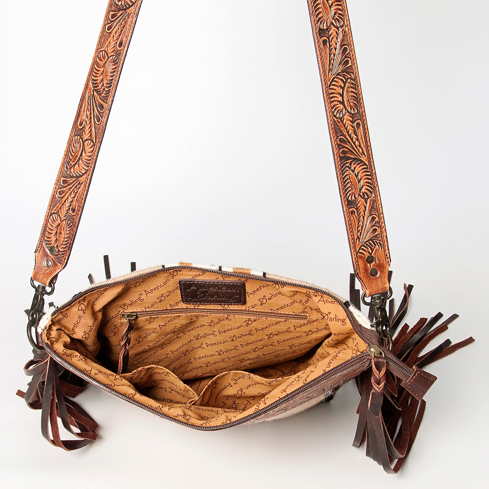 LC-ADBGZ577A Beige & Rust Southwestern Woven Crossbody Bag - Floral Tooled Leather & Fringe Strap