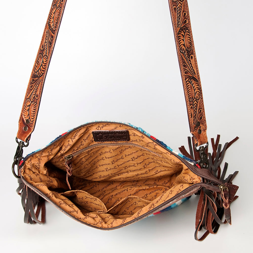 LC-ADBGZ557A Southwestern Woven & Tooled Leather Fringe Crossbody Bag - Blue Serape with Floral Tooled Strap