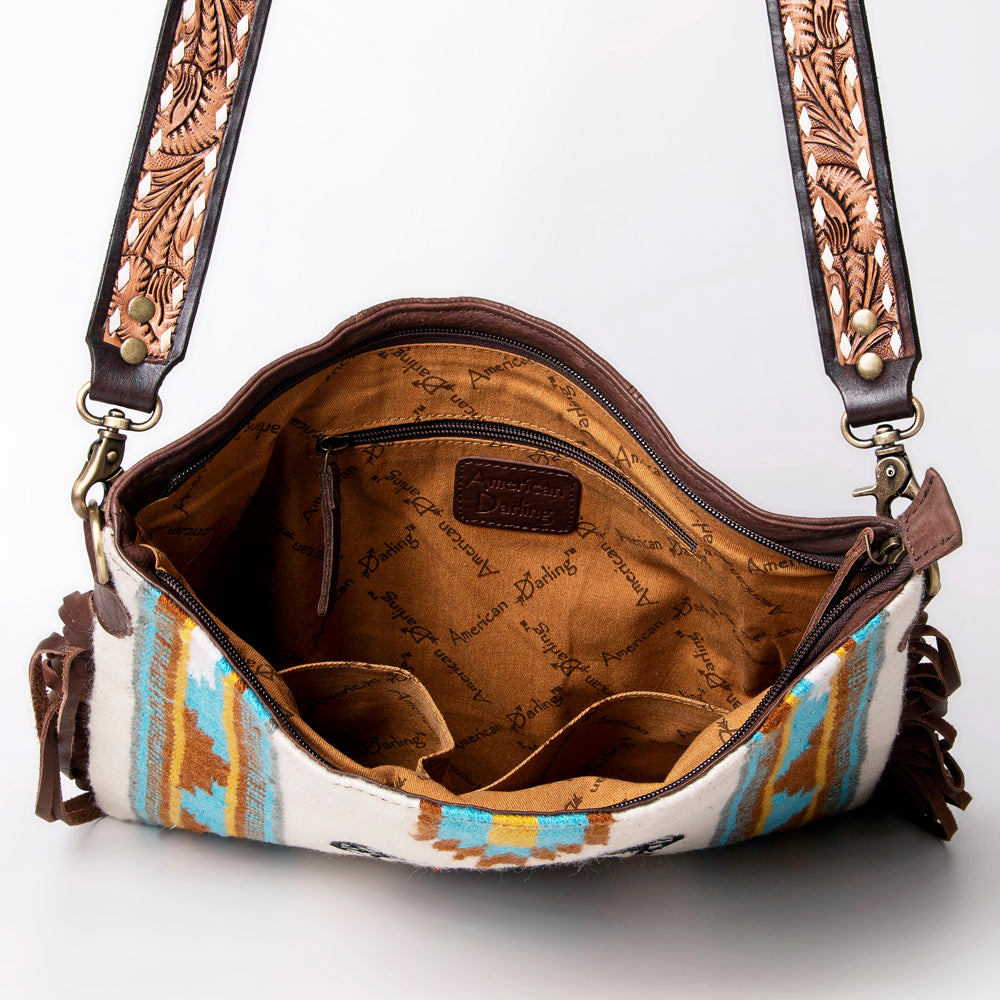 ADBGA263 American Darling Southwestern Woven Fringed Tooled Leather Crossbody Bag