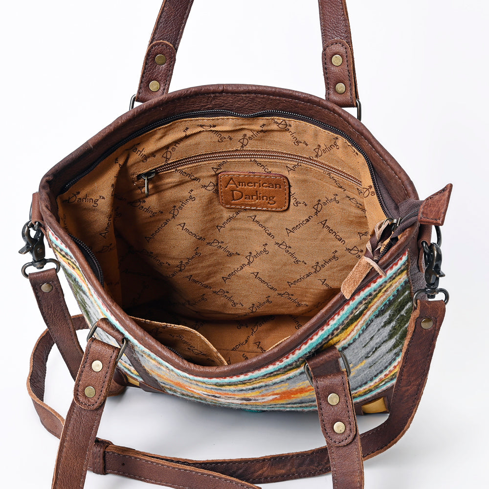 ADBG879 American Darling Western Leather Tote Bag with Turquoise Concho and Hand Woven Saddle Blanket