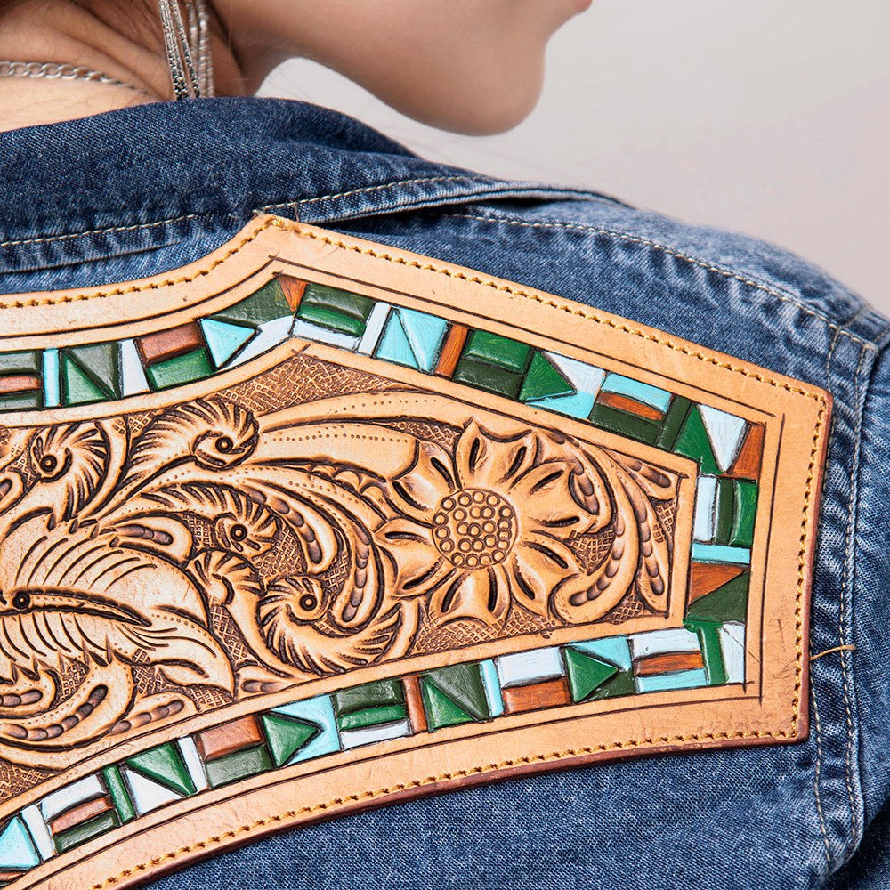 LC-ADSH015 Dark Denim Western Shirt with Tooled Leather Yoke & Turquoise Geometric Trim Women s