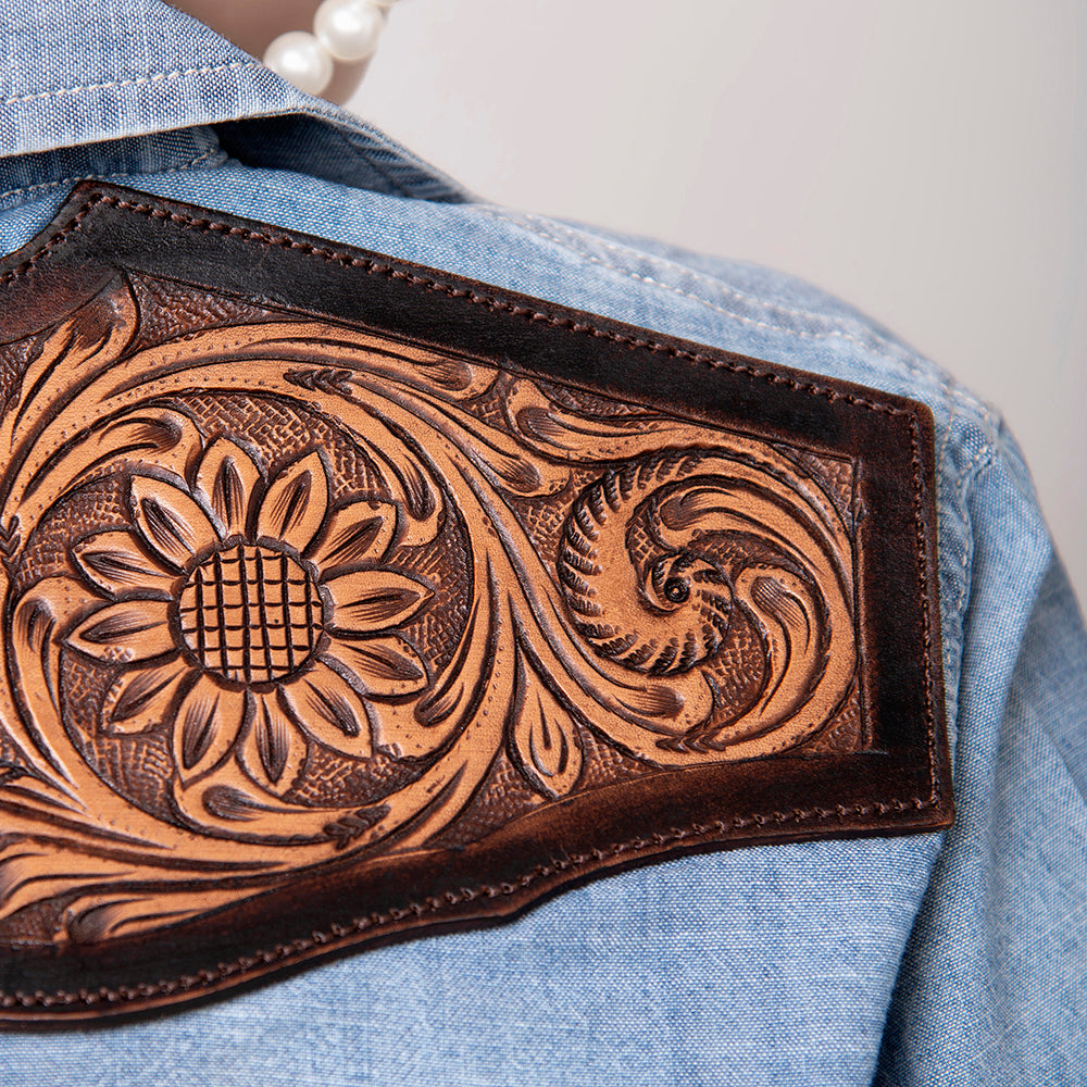 LC-ADSH017 Light Chambray Western Shirt with Tooled Leather Yoke & Turquoise Concho Women s