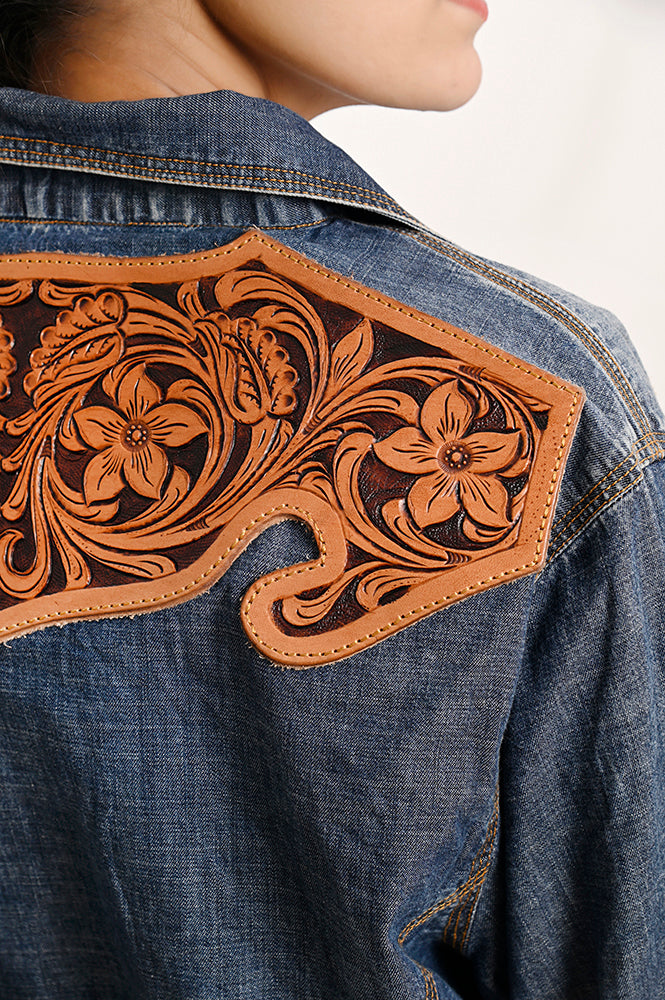 LC-ADSH021 Women's Western Denim Shirt with Hand-Tooled Floral Leather Yoke Natural Tan