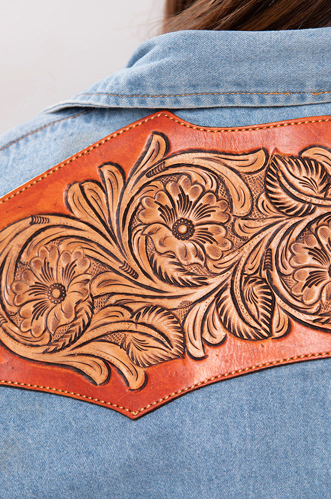 LC-ADSH024 Women's Light Wash Western Denim Shirt with Hand-Tooled Leather Floral Yoke Burnished Tan
