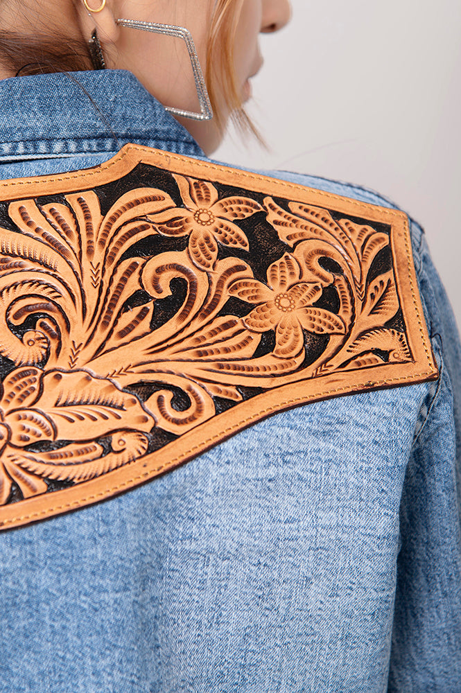 LC-ADSH026 Women's Light Wash Western Denim Shirt with Hand-Tooled Black Backed Floral Leather Yoke