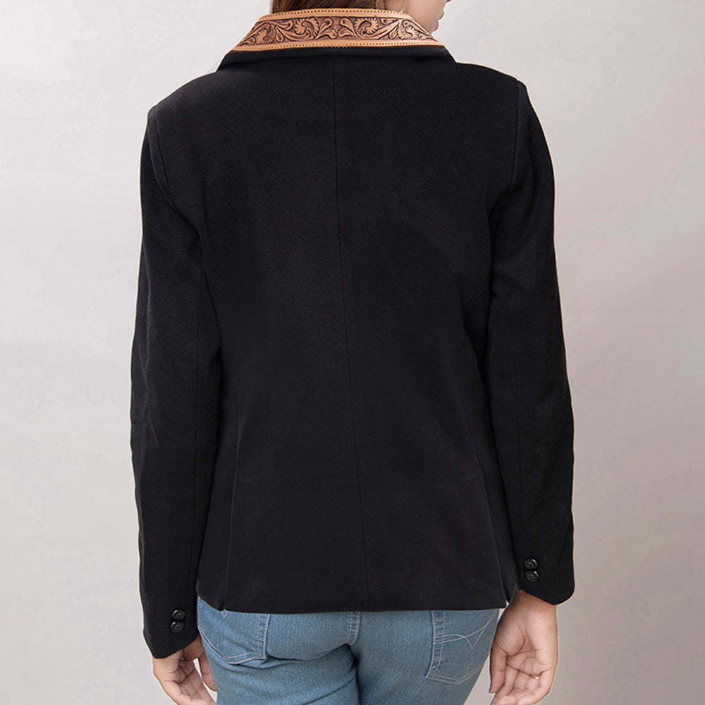 LC-ADBZ011 Women's Western Blazer with Tooled Leather Lapels - Black Tailored Jacket