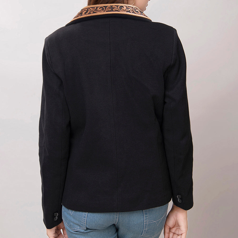 LC-ADBZ012 Women's Western Blazer with Ornate Tooled Leather Lapels - Black Tailored Floral Jacket