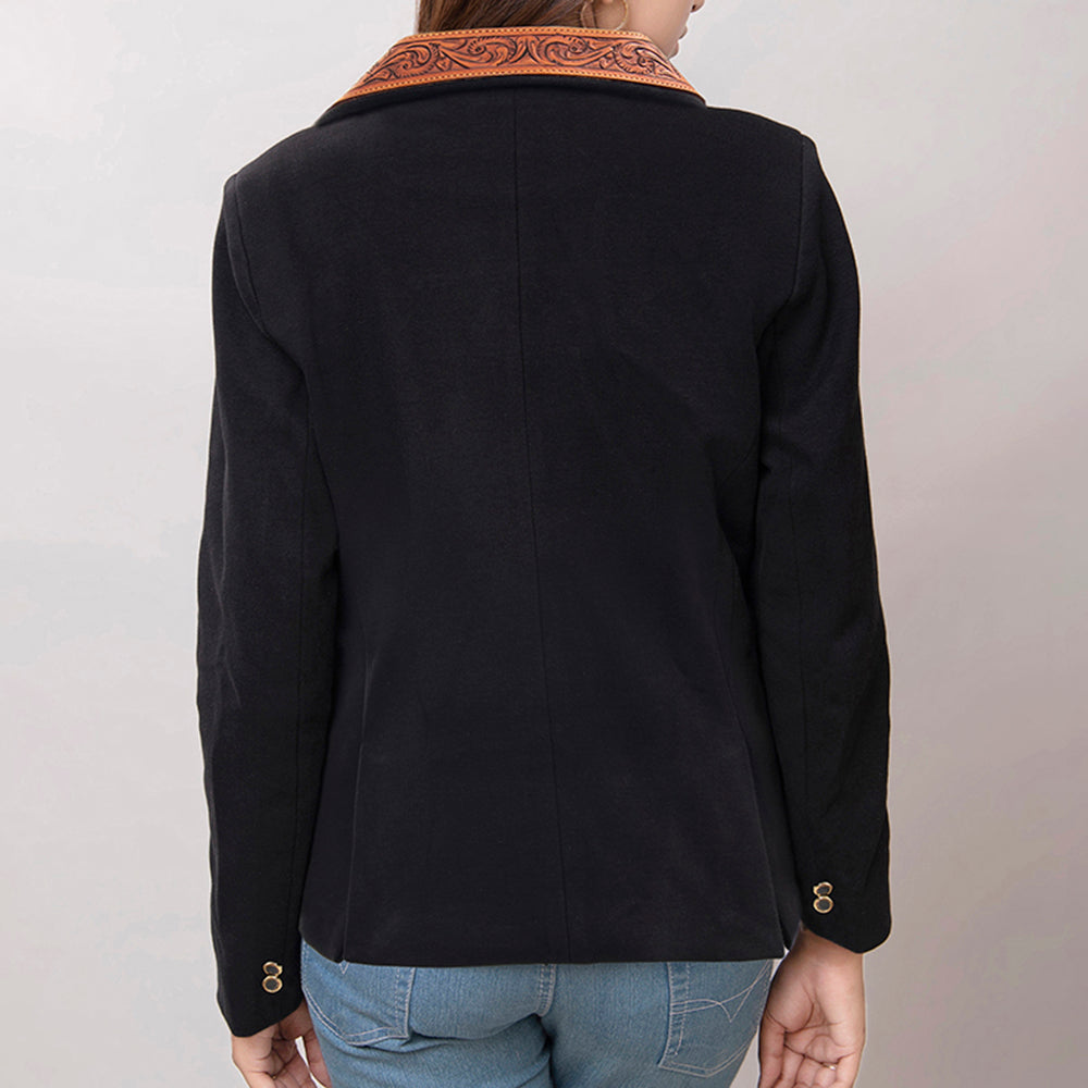 LC-ADBZ015 Women's Western Blazer with Tooled Leather Lapels & Zipper Detail - Tailored Black Jacket