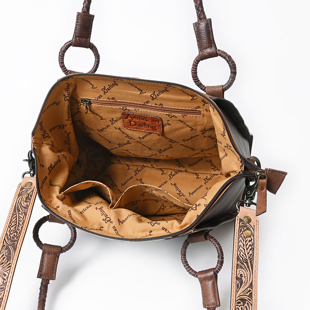 ADBG923 American Darling Handcrafted Floral Tooled Leather and Cowhide Tote Bag