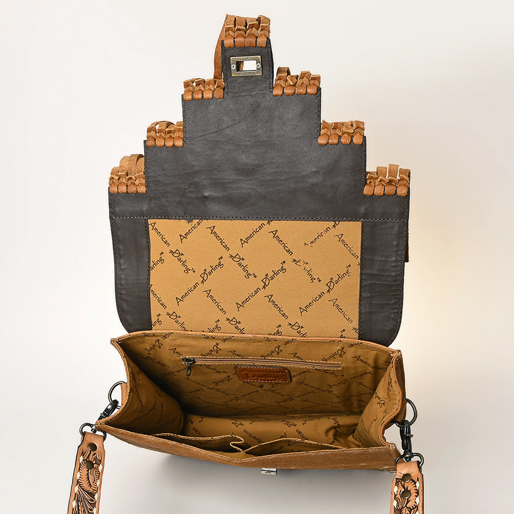 ADBG926 American Darling Handcrafted Hand Tooled Leather and Cowhide Messenger Bag with Fringes