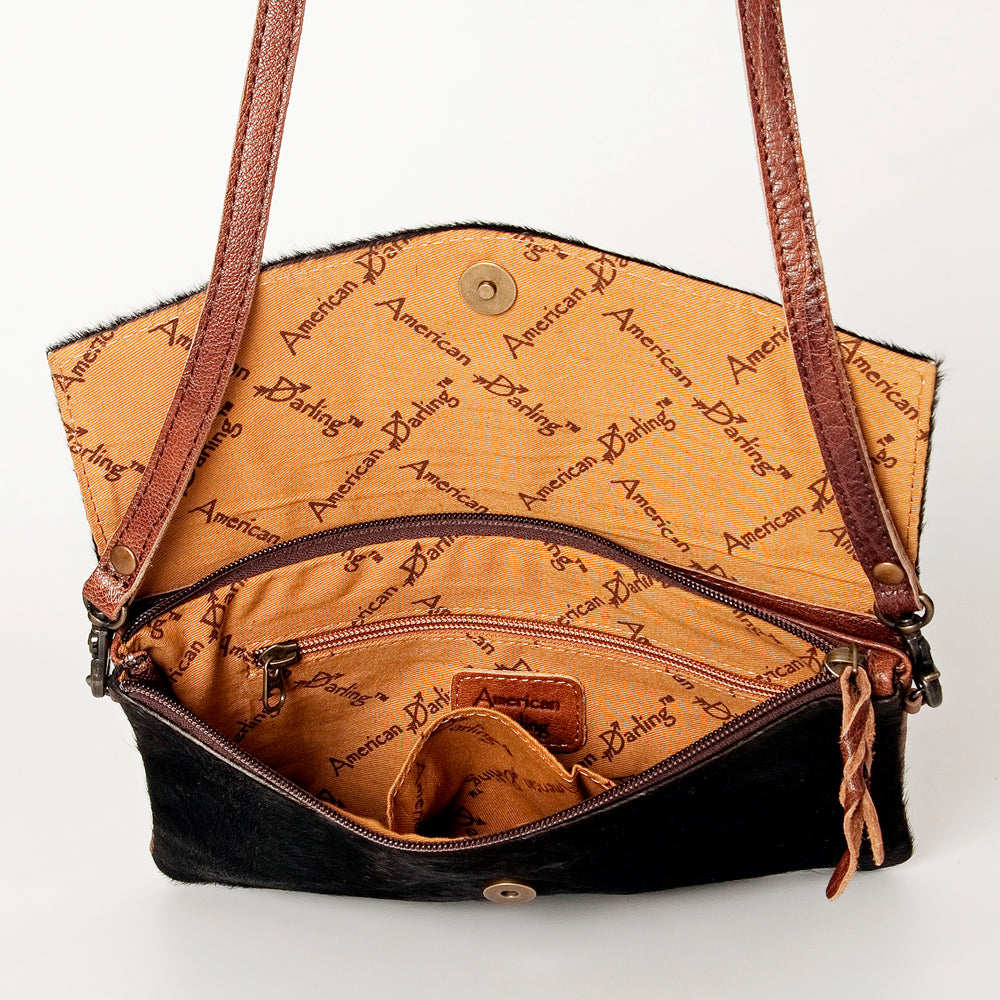 ADBGS178 Black Cowhide Leather Envelope Bag with Cowboy Horse Embroidery - Western Sling Purse